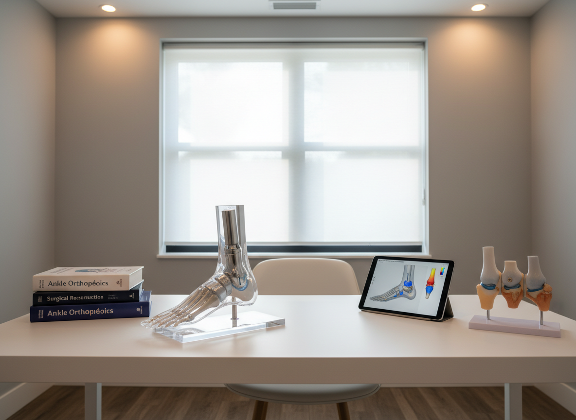 A modern orthopedic consultation room designed for ankle replacement patients, featuring a pristine white desk with a realistic transparent model of a human foot and ankle showcasing a detailed replacement implant inside the joint. Around it are neatly arranged, non-branded medical reference books, a digital tablet showing a color 3D ankle reconstruction, and a small model comparing a healthy ankle, a damaged arthritic ankle, and a post-replacement ankle. Natural afternoon light streams through a large window, softened by sheer blinds, complemented by warm overhead lighting. The composition, photographed at eye level with moderate depth of field, feels calm, orderly, and highly professional, evoking confidence in specialized surgical expertise and careful preoperative planning.