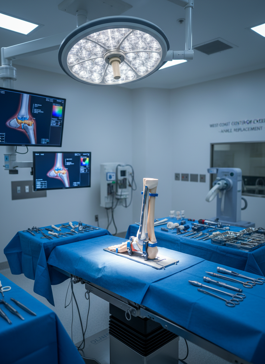 A state-of-the-art orthopedic operating room focused on a modern ankle replacement setup, with a gleaming stainless-steel surgical table at the center and a sterile blue drape carefully arranged to expose only a realistic, anatomically detailed lower leg and ankle model. High-resolution monitors display a clear, color 3D rendering of an ankle joint with an implant in place. Cool, bright surgical lights from overhead create crisp illumination and minimal shadows, emphasizing cleanliness and precision. The background shows neatly organized instrument trays and a wall of advanced imaging equipment, softly out of focus. Photographic realism, eye-level perspective, and a clean, professional aesthetic convey expertise, safety, and trust in a West Coast Center of Excellence for ankle replacement.