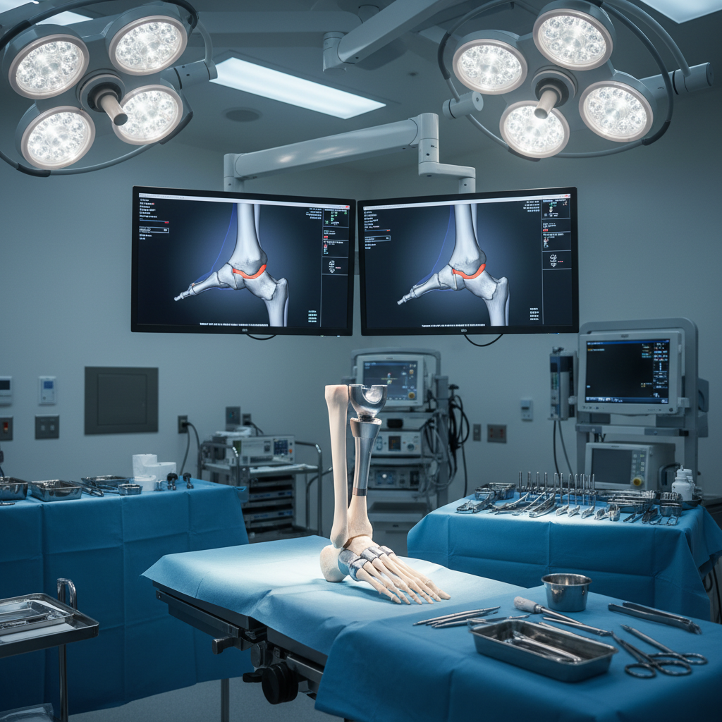 A state-of-the-art orthopedic operating room focused on a modern ankle replacement setup, with a gleaming stainless-steel surgical table at the center and a sterile blue drape carefully arranged to expose only a realistic, anatomically detailed lower leg and ankle model. High-resolution monitors display a clear, color 3D rendering of an ankle joint with an implant in place. Cool, bright surgical lights from overhead create crisp illumination and minimal shadows, emphasizing cleanliness and precision. The background shows neatly organized instrument trays and a wall of advanced imaging equipment, softly out of focus. Photographic realism, eye-level perspective, and a clean, professional aesthetic convey expertise, safety, and trust in a West Coast Center of Excellence for ankle replacement.