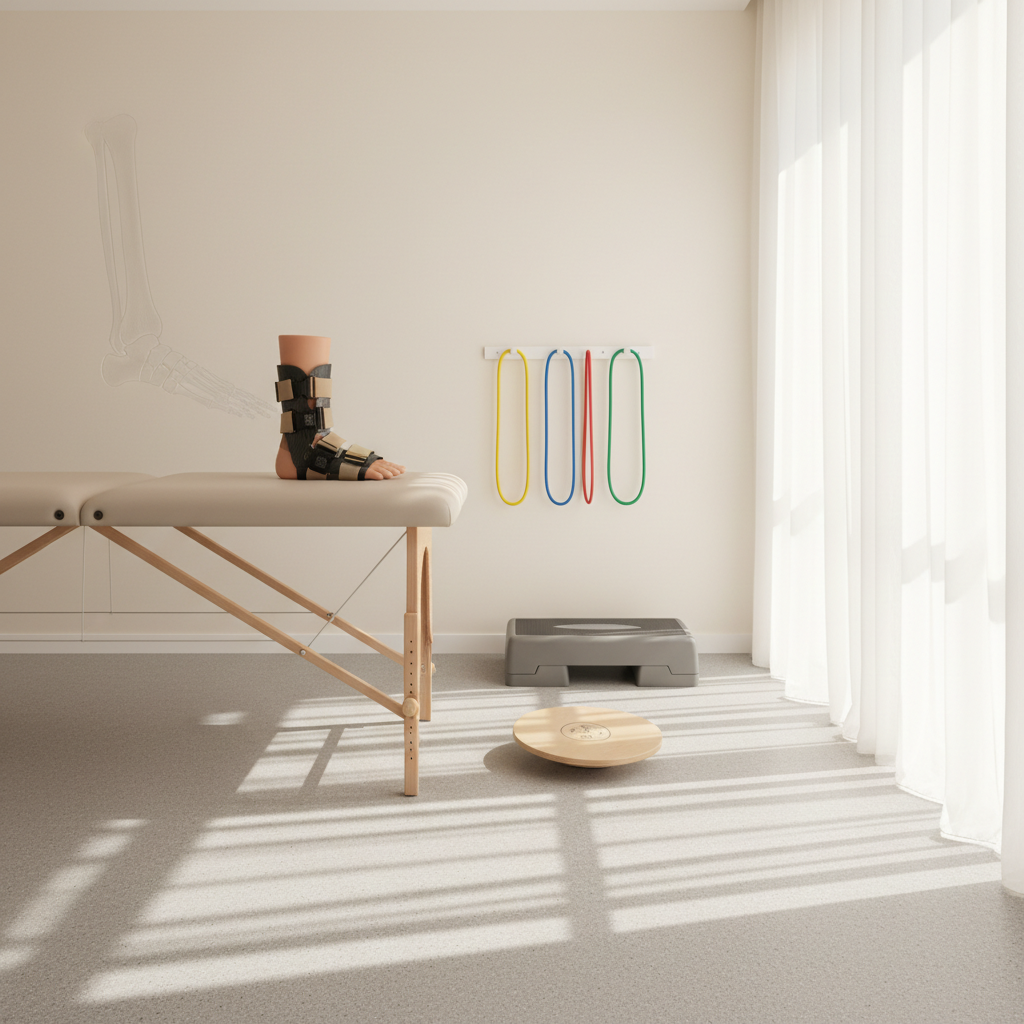 A clean, minimalist rehabilitation space dedicated to post–ankle replacement recovery, with a neutral-toned treatment table, a realistic jointed ankle-foot mannequin fitted with an adjustable orthopedic brace, and a set of color-coded resistance bands neatly hung on a wall rack. A non-branded balance board and foam step platform sit nearby, positioned on light gray rubber flooring. Soft morning light flows through tall windows, creating gentle, elongated shadows and a serene, hopeful mood. The photographic composition uses the rule of thirds and a slightly wide-angle lens to show the full environment in sharp focus, emphasizing structured, evidence-based rehab and the continuum of care following ankle replacement surgery.
