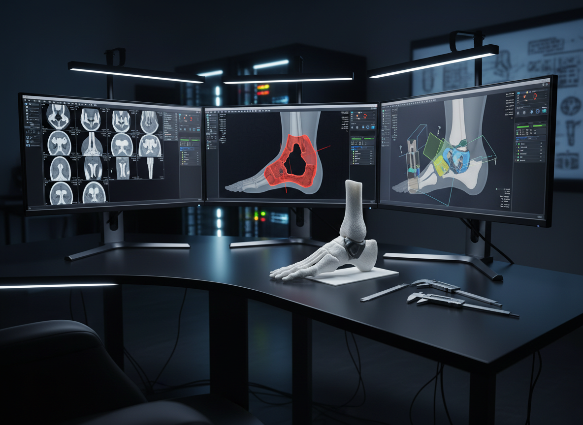 A sophisticated imaging and planning workstation for complex revision ankle replacement, with three large, ultra-sharp monitors displaying different stages of a case: CT slices of a worn implant, a 3D reconstruction of bone loss around the ankle, and a color-coded surgical plan with a revised prosthesis. On the desk rests a highly detailed 3D-printed ankle bone model with an implant, matte white with subtle texture, beside calibrated measuring tools. The room is lit by cool, focused task lighting and the glow of the screens, creating crisp reflections on the smooth black desktop. Photographed from a three-quarter angle, the scene feels analytical and cutting-edge, emphasizing meticulous planning, advanced technology, and deep revision surgery experience.