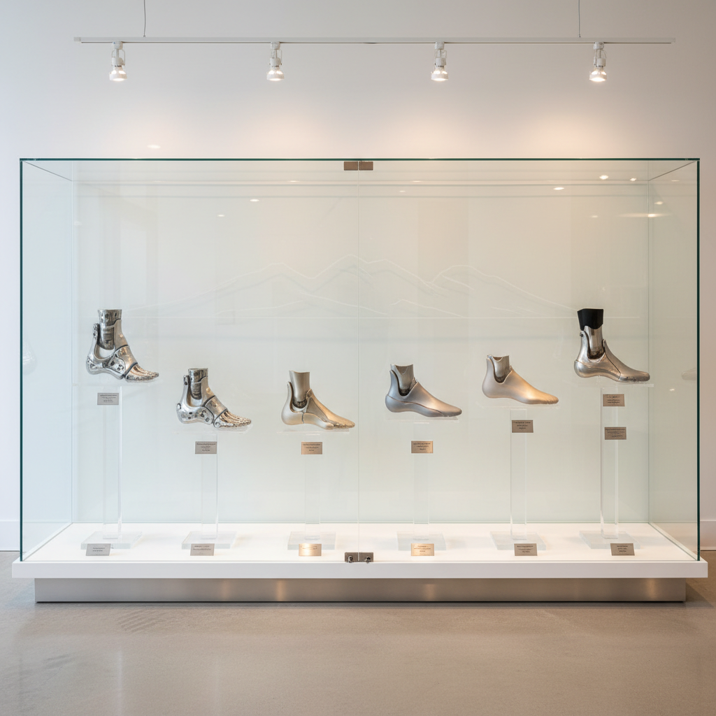 An elegant, glass-front display in a specialist orthopedic center on the West Coast, showcasing a timeline of ankle replacement innovation. Inside the case, meticulously arranged on clear stands, are several generations of realistic ankle implants, from early bulkier designs to modern low-profile, anatomical prostheses. Discreet plaques are present but unreadable, avoiding any text. Behind the implants, a subtle etched outline of a coastal mountain range suggests the regional focus without logos. Neutral gallery-style lighting from adjustable ceiling spots creates focused pools of light and soft reflections on the polished floor. Photographed straight on with moderate depth of field, the image conveys heritage, experience, and leadership in primary and revision ankle replacement.